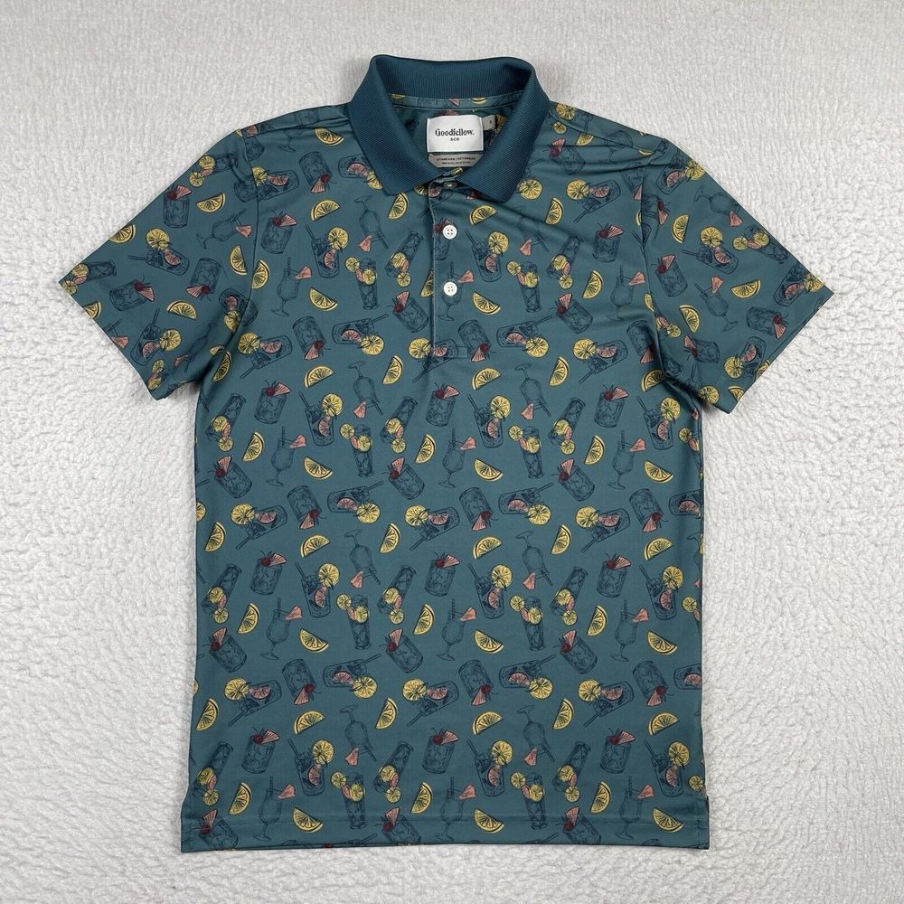 Goodfellow Polo Shirt Mens Small Blue All Over‎ Print Cocktails Bartender Drinks